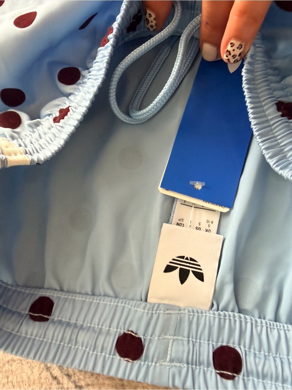 adidas Light Blue Athletic Shorts with Burgundy Polka Dots - Picture 3 of 9